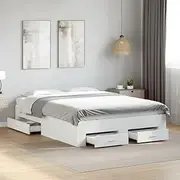 Bed Frame with Drawers, 135x190 cm, No Mattress, White Wood Bedframe, Queen Size, Platform, Storage, Floor, Base, Cama, Slats, Furniture, Modern Design