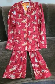 2 Pc Nick & Nora Red Sock Monkey Winter Skiing Skating Pajama PJ pants Top 14 16