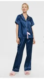 Peter Alexander Short Sleeve & Pant Navy Penny Satin Stripe Pj Set RP$139 Boxed