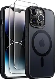 JETech 3 in 1 Magnetic Case for iPhone 14 Pro 6.1-Inch with 2-Pack Tempered Glass Screen Protector, Compatible with MagSafe, Translucent Matte Back Shockproof Phone Cover (Black)