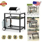 Stainless Steel Grill Cart with Swivel Wheels & Two Shelves for Outdoor Use