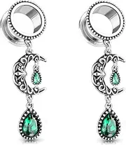 [Pierced Owl] Vintage Filigree Moon Dangling Vibrant Green Stone Set Flesh Tunnel Plugs, Sold as Pair