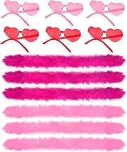 12 Pcs Colored Feather Boas with Heart Shaped Sunglasses Set Rimless Glasses 6.6FT Fluffy Boas for Women Party Halloween Carnival Bachelor Wedding