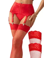 Garter Belt and Thigh Highs Set Plus Size Leather Garter Belt Red Lace Mesh G...