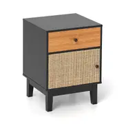 Giantex Rattan Nightstand Bedside Table Boho Side End Table w/Drawers Coffee Table Black