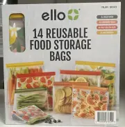 Ello Reusable Food Storage Bags Set Of 14 Standing, Freezer Safe Sealable Bags