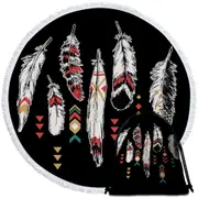 Black Background Feathers Round Beach Towel