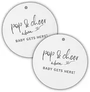 Pop & Cheer When Baby is Here Minimalist Hang Tags | 30 Pk for Baby Shower Mini Champagne Labels Neutral Black and White Neutral
