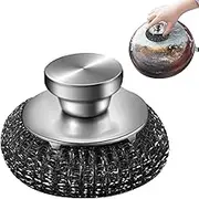 Steel Wool Scrubber - Pan Scrubber | Scourer with Handle | Long Handle Steel Wool Scrubber | Dish Washing Scrubbers | Detachable Metal Sponge Scrubber | Steel Wool Pads for Pots Pans Cookware Bakeware