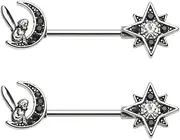 [Pierced Owl] 14GA 316L Stainless Steel Black Crescent Moon Fairy Sunburst Nipple Barbells, Sold as a Pair, 14ga, Metal, cubic zirconia