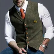 Men Lattice Turndown Single-breasted Slim Fit Vest Suit Business Waistcoat Khaki L