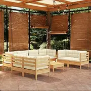 Patio Furniture Sets 9 Piece Garden Lounge Set with Cream Cushions Solid Pinewood
