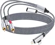 Lightning/Type C to 2 RCA/Aux Cable 1.2M, RCA/AUX Cable with Charging Function, for Lightning/USB C Interface, for iPhone 15/16 Series, Home Theater, DVD, Amplifier, Speaker, Car Stereo, Galaxy S23