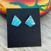 Small Zuni Fish scale inlay turquoise stud post earrings, Orena Leekya 6