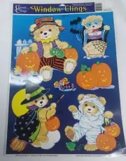 Vintage 1999 Halloween Window Cling Decorations BEARS Scare Crow Witch Mummy