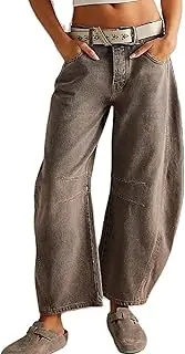 [HaiDu] Womens Casual Balloon Pants Wide Leg Mid Waist Cropped Denim Pants Y2k Loose Barrel Baggy Jeans with Pockets (Color : Brown, Size : Medium)
