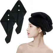 wetore 2 Pack Microfiber Hair Towel,Quick Dry Head Wraps Hair Towel Turban Wrap for Women Kids,25.6x9.8 Inch Super Absorbent Fast Hair Drying Towel with Button for Wet Curly Hair(Black)