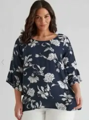Autograph Blouse PLUS Size 24 Top Shirt Linen 3/4 Frill Sleeve Hi-Lo Navy White
