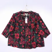 Rose Olive Plus Size 2X Floral 3/4 sleeve Button Down Blouse Boho 30'' Long NEW