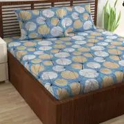 100% Cotton 180 TC Floral Double Bedsheet Cotton with 2 Pillow Covers - Blue New