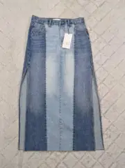 Zara Skirt Women's M Blue Denim Patchwork TRF Midi Fray Hem Side Slits