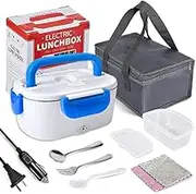 AICONEZ Electric LunchBox Food Heater Used for Car, Home and Work Hot Food 304 Stainless Steel with Option 12 V and 220 V Heating and Thermos 40 W with Spoon and Two Compartments (Blue)
