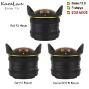 Kamlan 8mm F3.0 Fisheye APS-C Manual Lens for Canon EOS-M Sony E Fuji XF Mount