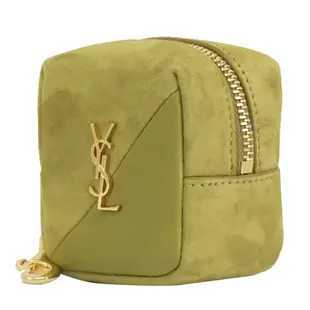 YSL Saint Laurent金屬LOGO素色羊皮方形零錢包(草綠)