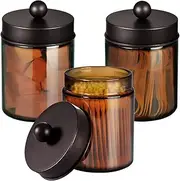 Amber Glass Qtip Holder, Apothecary Jars with brown Metal Lid & Stickers-Bathroom Qtip Dispenser Storage Organizer Set,Vanity Counter Canister for Cotton Swabs,Round Pads,Floss (3 Pack,bronze)