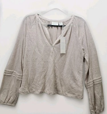Calypso St. Barth 100% linen Boxy Top Med Long Sleeve Beige Peasant Cottagecore