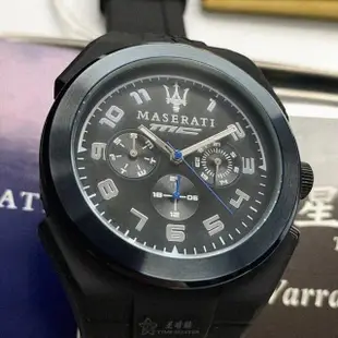 【MASERATI 瑪莎拉蒂】瑪莎拉蒂男女通用錶型號R8851115007(黑色錶面寶藍錶殼深黑色矽膠錶帶款)