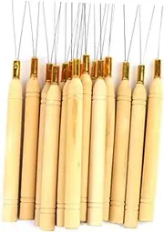 OSOLADY 5pcs Hair Extension Loop Needle Threader Tool Comfortable Wooden Handle Hair DIY Hook for Easy Extension Application