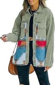 [Himythe] Women’s Aztec Shacket Jacket Lapel Long Sleeve Retro Jean Coat Oversized Western Denim Jacket