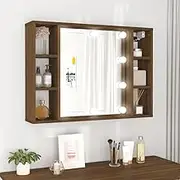 Mirror Cabinet with LED Brown Oak 76x15x55 cm,Cabinets & Storage 11.34KG-820447
