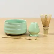 Matcha Whisk Set, Matcha Whisk and Bowl with Pouring Spout, Tea Scoop Whisk Ceramic Holder, 4 Pieces Traditional Matcha Kit(Green)