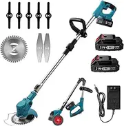 Foldable Cordless Strimmer, Grass Trimmer with 2 * 24V Battery Powered, 5 Plastic Knives 2 Flat Knife and Round Saw Blade, Metal Blade Strimmer with for Garden Clearing