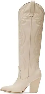 [VOMIRA] Knee High Cowboy Boots for Women Pointed Toe Chunky High Heels Pull-on Embroidered Boots Western Boots Wide Calf Cowgirl Boots