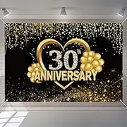 Happy 30th Anniversary Decoration Banner, 30th Wedding Anniversary Party Supplies Fabric Sign Poster, Black and Gold Backdrop Decor Photo Background Welcome Sign, 150 cm x 90 cm