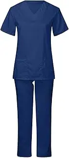[Perfeclan] Women Scrubs Set Scrubs Top and Pants Work suits V Neck Scrubs Top Nurse Scrubs Nurse Uniform Set for Pet Grooming Healthcare