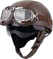 Retro Leather Half Helmet with Goggles Motorcycle Jet Helmet Detachable Scarf Skull Cap Helmet Scoop Helmet Crash Open-face Helmet DOT Certification Men Women Moped Scooter