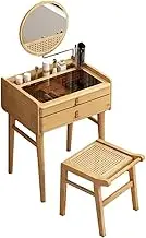 CUPKEE Vanity Desk, Vanity Table with Rattan Makeup Stool, Japanese Bamboo Makeup Dressing Desk, Creative Dressing Mirror, with Stool, for Bedroom Decor and Gifts