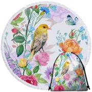 Colorful Flowers and Bird Round Beach Towel