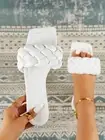 Women White Braided Design Single Band Slide Sandals, Open Toe Flat Sandals for