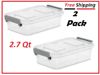 (2 pack) Plastic Modular Latch Box With Lid Small Storage Stackable Bin 2.7 Qt