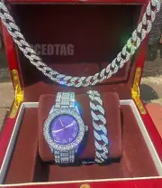 MEN HIP HOP LUXURY UNIQUE DIAL WATCH, 24" ICED BLINGED OUT CUBAN CHAIN, BRACELET