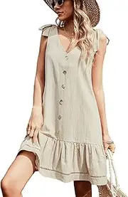 [SHINsuke] Women Summer V Neck Mini Dress, Beige Casual Sleeveless Tie Backless Short Swing A Line Dress Beach Holiday Spring