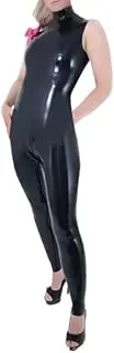 [DAIJES] Black and Rose Red Bows Sleeveless Sexy Latex Catsuit Back to Crotch Zipper Rubber Bodysuit Zentai Overall Body Suit