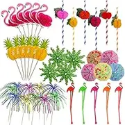 70 Pcs Tropical Cocktail Party Decorations, Flamingo Cocktail Stirrers, Pineapple Palm Tree Stirrers Fireworks Sticks and Bamboo Toothpicks for Summer, Wedding and Bar Parties