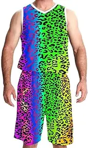 [KQNZT] Basketball Jerseys Shorts Sport Set, Jerseys for Men, Athletic Shirts for Team Scrimmage, Leopard Rainbow Fashion Colorful