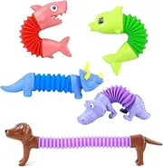 Kryfa New Pop Tubes Sensory Toys Set Animals, 5 Pack ADHD Fidget Toys Party Favors Classroom Prizes Stocking Stuffers, Funny Dog Dolphin Dinosaur Crocodile Shark Designs Pop Tubes (5 Pack)